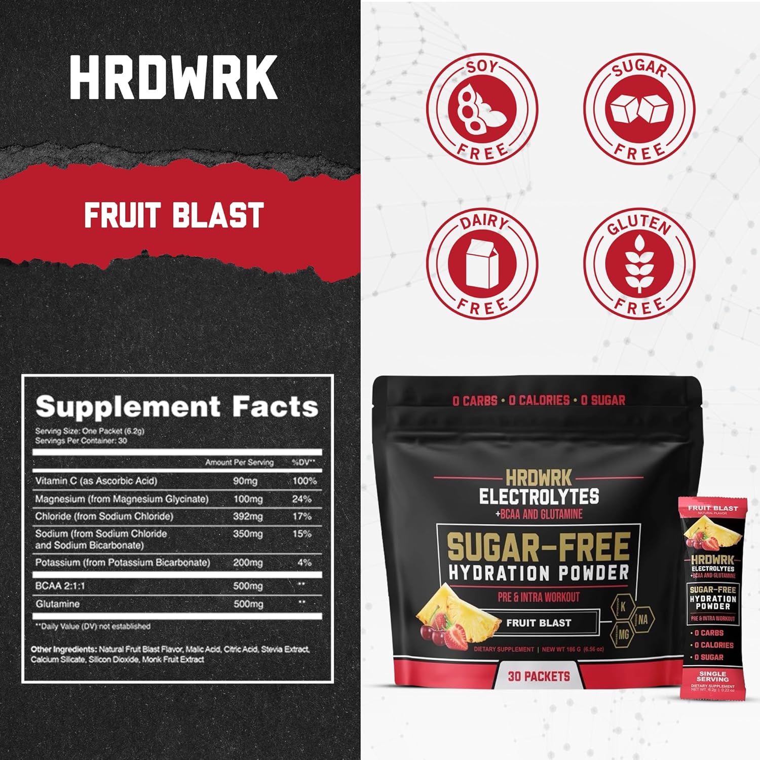 HRDWRK Electrolytes Powder Packets with Magnesium, Potassium Sodium, Keto Hydration - BCAA Electrolyte Powder Packets with Glutamine, 30 Electrolytes Powder Packets Sugar Free (Fruit Blast)