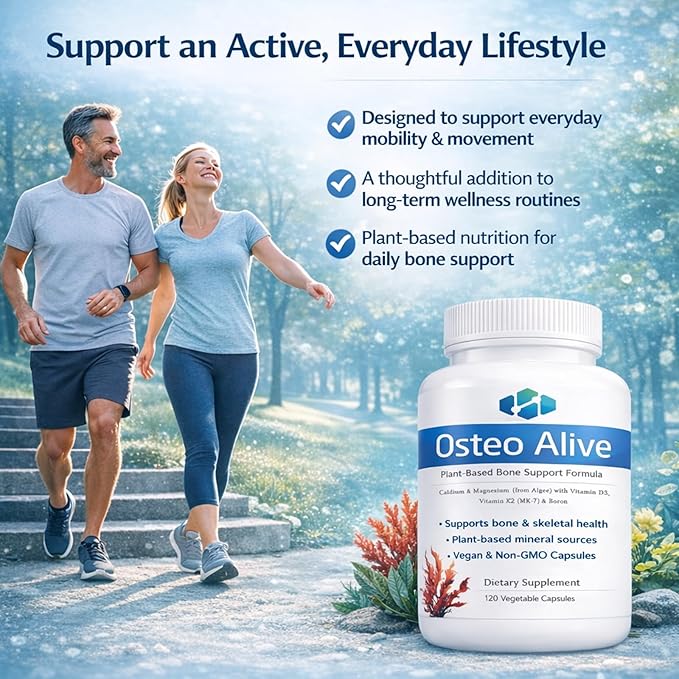 Osteo Alive Bone Support, with Plant-Based Calcium & Magnesium (from Algae), Vitamin D3 (from Lichen), Vitamin K2 (MK-7), Boron & BioPerine, Helps Support Bone & Skeletal Health