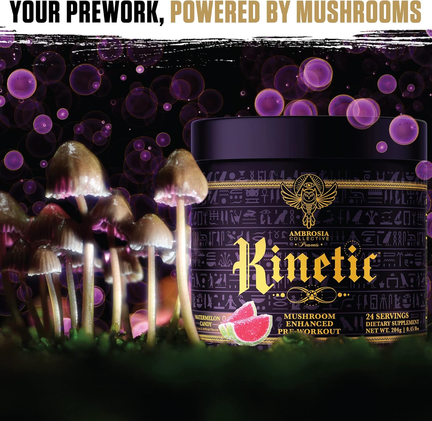 Ambrosia Kinetic Organic Preworkout, Mushroom Enhanced Natural Pre Workout Supplement, Nootropic Superfood Powder for Energy (Watermelon Candy)