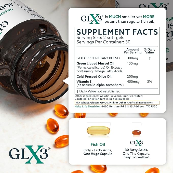 GLX3 Joint Support Extra Strength Omega-3 Supplement | Premium New Zealand Green Lipped Mussel Oil - Comfort, Flexibility, Muscle Recovery - ETA EPA DHA Omega 3 Supplement Capsules by Haka Life