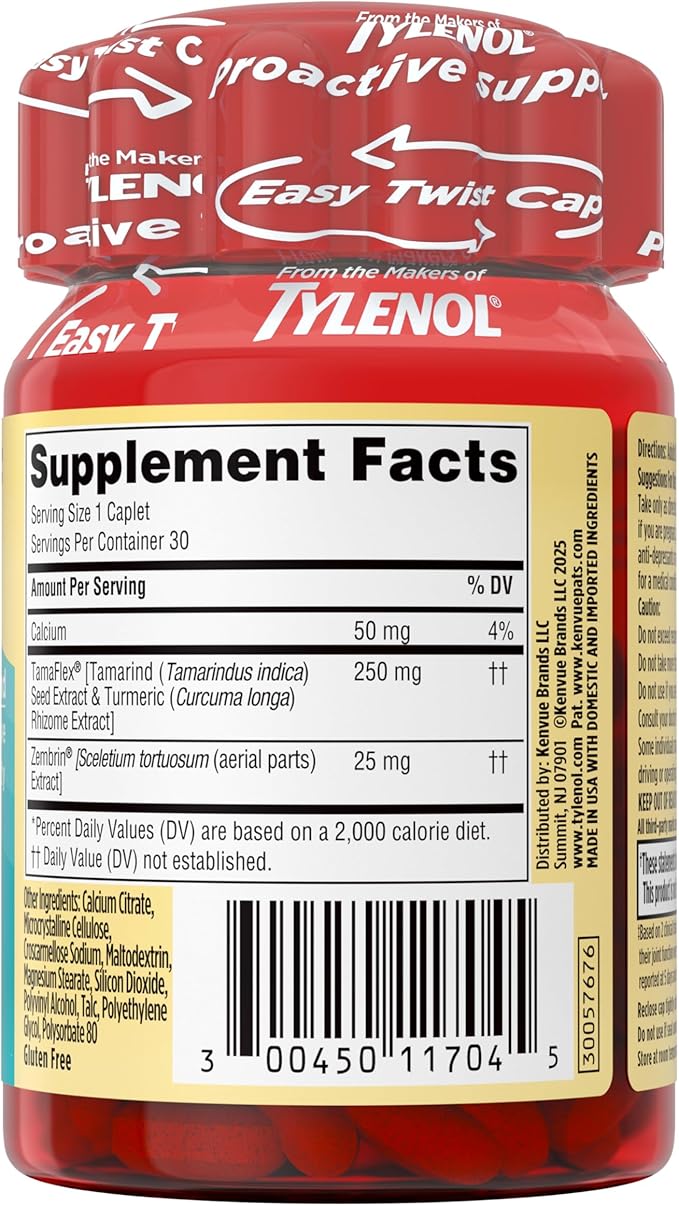 Tylenol Proactive Support* Muscle & Joint Supplements + Stress, Drug Free, Tamarind + Turmeric Supplement and Sceletium Extract to Improve Joint Comfort & Flexibility 30 ct
