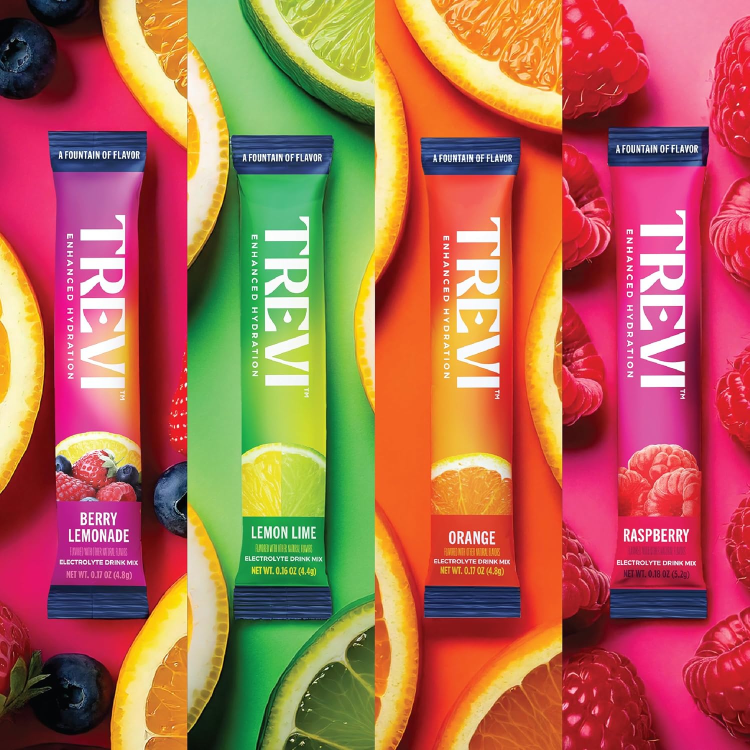TREVI™ Sugar Free Electrolytes - Drink Mix Hydration Powder Packets - 8 Count - Original Variety Pack - Berry Lemoande, Lemon Lime, Raspberry, Orange