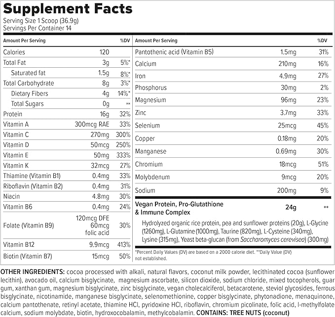 Essential Nutrition - Immuno Vegan - Plant-Based Protein Powder, 16g Protein Per Serving, Added Amino Acids & Multivitamin - Beta Glucan, Glutathione Production - Chocolate - 18.2oz