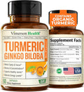 Turmeric Curcumin Supplement with Ginkgo Biloba & Black Pepper – Natural Turmeric Supplement with Organic Tumeric for Joint Support, Brain Clarity, Focus & Memory – Vegan, 60 Ginko Biloba Capsules