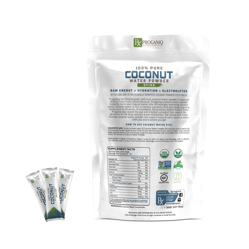 X PROGANIQ Coconut Water Powder Stixx - Pure Coconut Electrolyte Drink in Travel Size Packets - 15 Count - Turn Water into Coconut Water - Ideal for On-the-Go Hydration - Easy, Portable and Refreshing