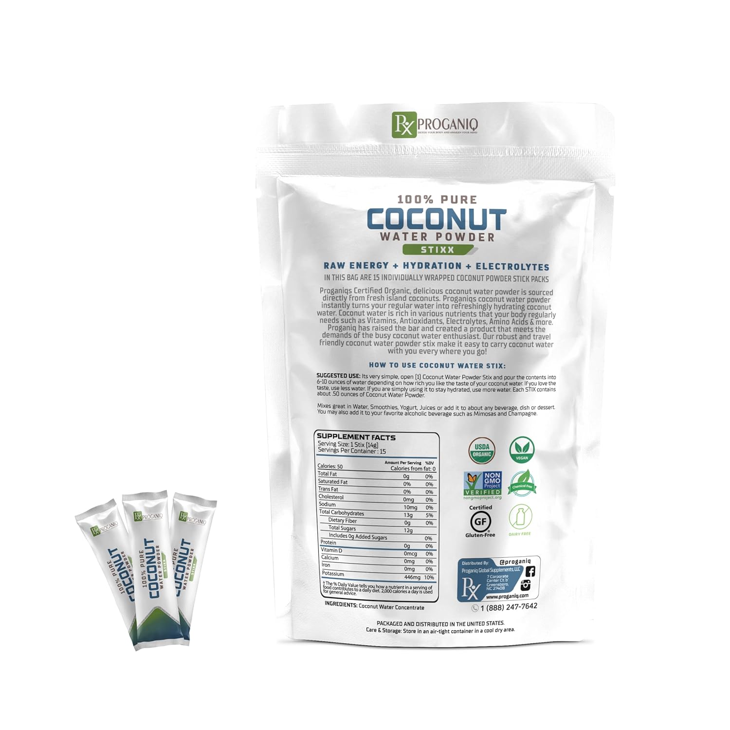 X PROGANIQ Coconut Water Powder Stixx - Pure Coconut Electrolyte Drink in Travel Size Packets - 15 Count - Turn Water into Coconut Water - Ideal for On-the-Go Hydration - Easy, Portable and Refreshing