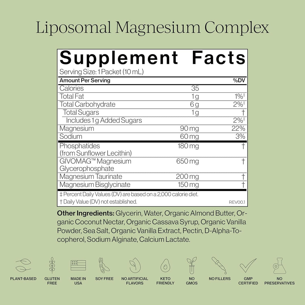 Cymbiotika Liposomal Magnesium Complex – Promotes Relaxation, Restful Sleep, and Heart & Brain Health – Highly Absorbable 3-in-1 Formula – Vanilla Almond, 10 mL Pouches (28 Count)