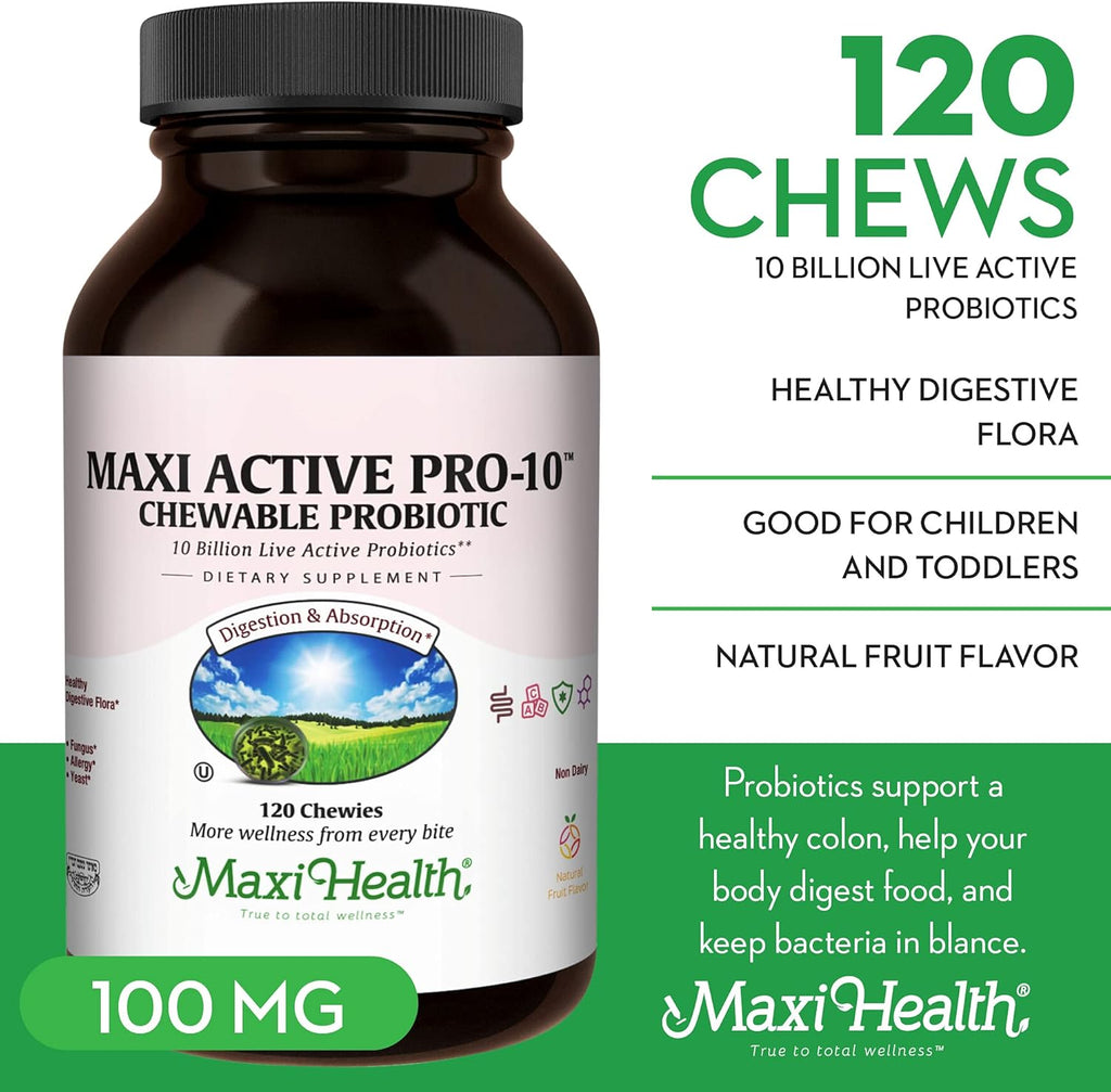 Maxi Health Active Pro-10 Kids Probiotic Chewables – 15 Strains for Digestive & Immune Health –10 Billion probiotic Blend- Dairy-Free, Kosher – Supports Gut Health, Vegetarian – 60 ct (Shelf Stable)