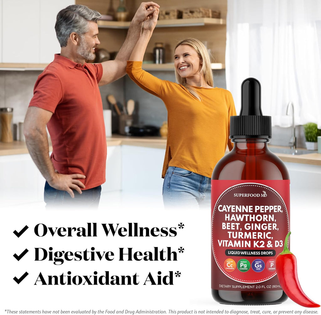 Cayenne Pepper Supplement Liquid Drops + Hawthorn Berry, Vitamin D3 K2 Beet Root Powder, Ceylon Cinnamon, Turmeric Curcumin, Organic Panax Ginseng - 6 OZ