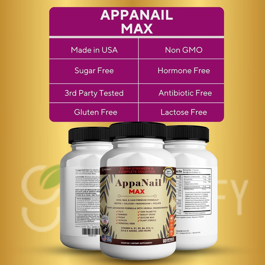 AppaNail MAX Hair Skin & Nail Supplement, 60 Capsules, with Biotin 5000mcg, Vitamins, Minerals & Herbal Complex (3)