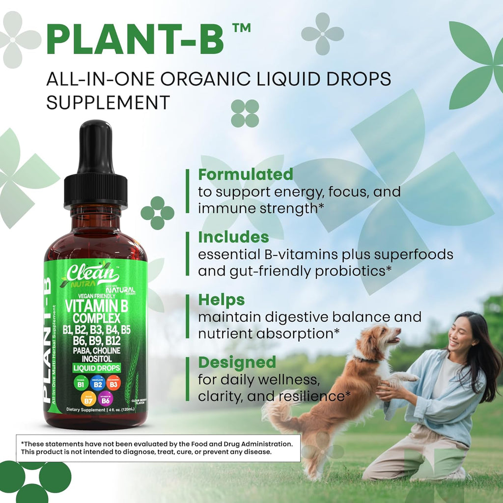 Vitamin B Complex Liquid Drops | Thiamine B1, B6, B2, B3, B4, B5, B7 B9, B12, Niacinamide, Paba, Choline Inositol Taurine Probiotics Beet Root Spirulina - Plant-B Vitamin Supplements - Clean Nutra (2)