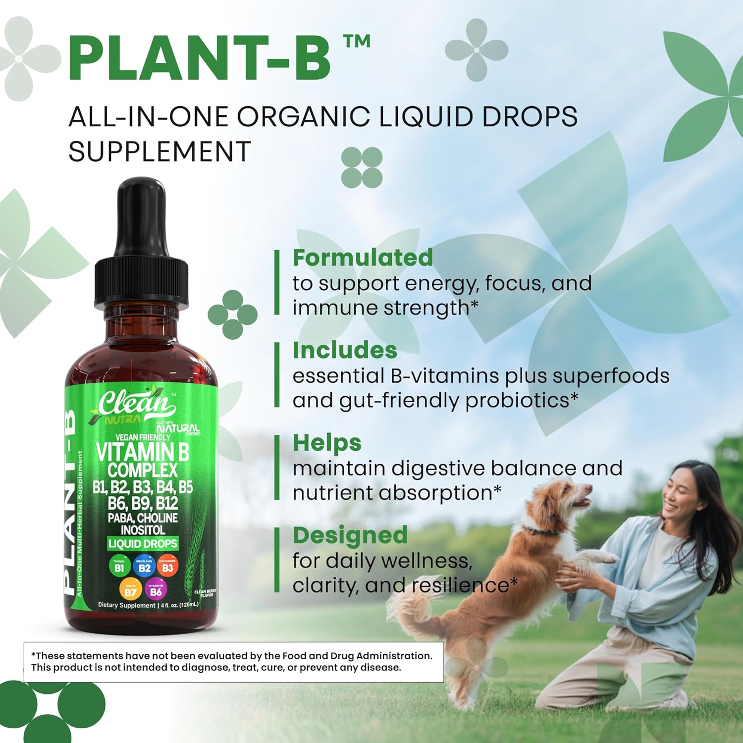 Vitamin B Complex Liquid Drops | Thiamine B1, B6, B2, B3, B4, B5, B7 B9, B12, Niacinamide, Paba, Choline Inositol Taurine Probiotics Beet Root Spirulina - Plant-B Vitamin Supplements by Clean Nutra