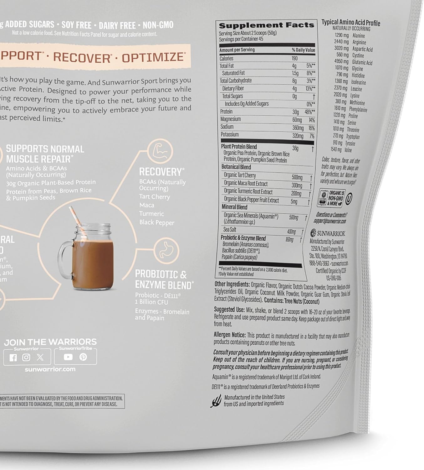 Sunwarrior Organic Plant Based Protein Powder | Vegan Organic Protein Powder with BCAA Amino Acids Plus Recovery Minerals & Botanicals | Non-GMO Soy Dairy & Gluten Free (Chocolate, 45 Servings)