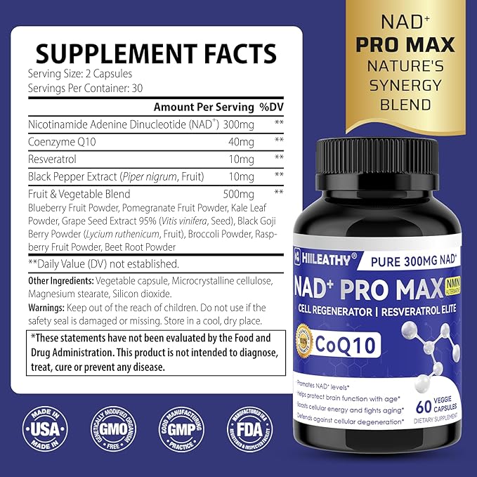NAD+ Supplement for Men and Women with Resveratrol and CoQ10 Promotes Cell Regeneration and Anti-Aging American-Made NAD+, 60 Capsules