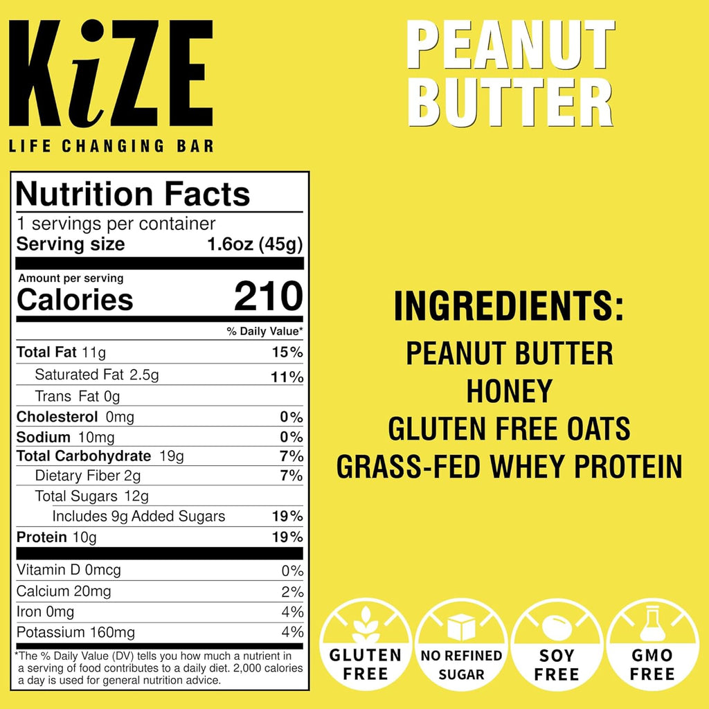 KiZE Energy Bars - Peanut Butter - Gluten Free, Non-GMO, and High Protein Meal Replacement Energy Bars, Clean and Simple Food Ingredients - 10g High Protein Snacks, (10 Count)