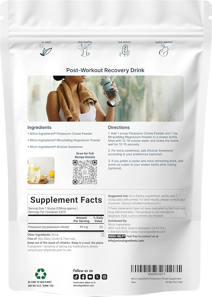 US Origin Potassium Citrate Powder, 1 KG (35 Ounce) | Essential Hydration Electrolyte Supplement | Vegan Friendly
