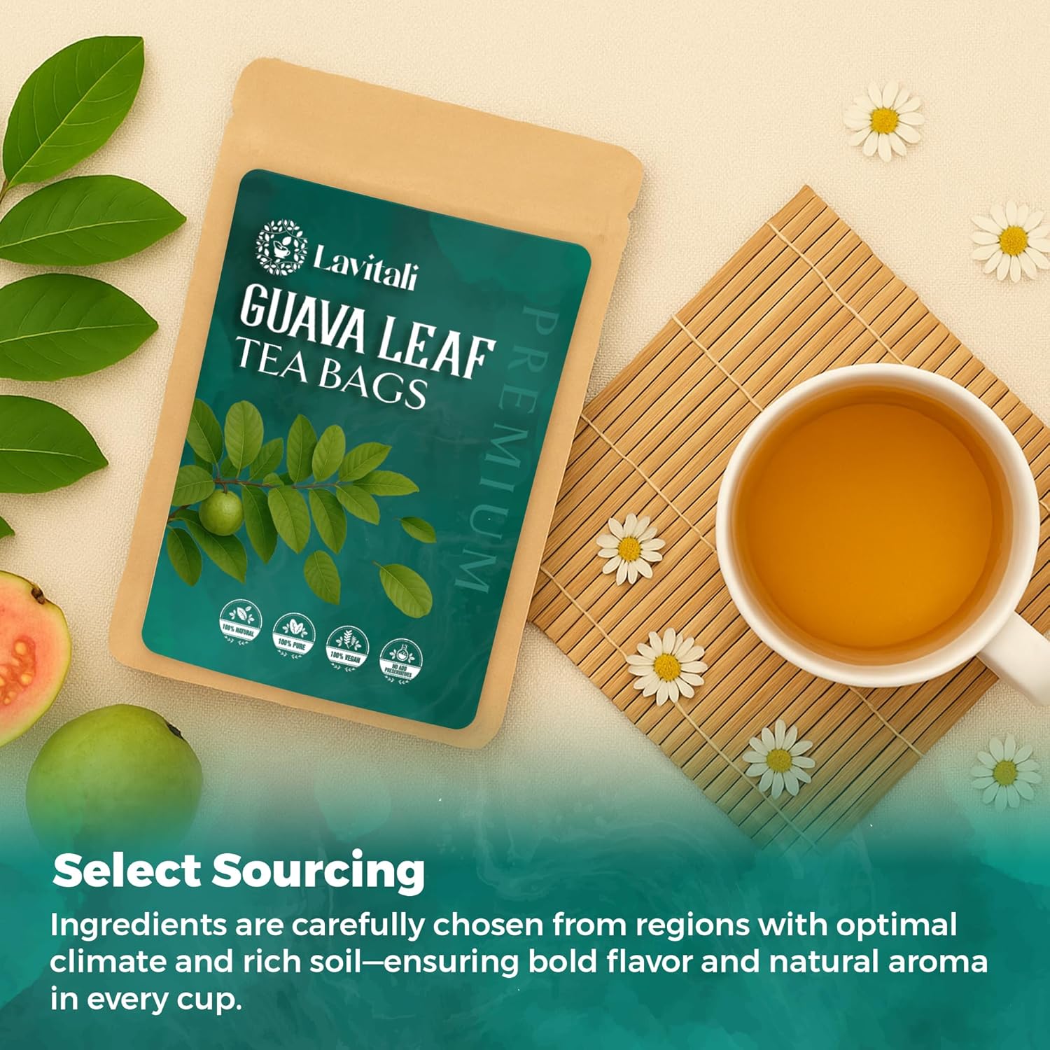 Lavitali, Guava Leaves Tea Bags | 120 bags, 100% Pure Herbal Tea | Caffeine-Free, No Sugar, Eco-Friendly Filter Bags | Daily Natural Botanical, Hot or Iced Herbal Infusion