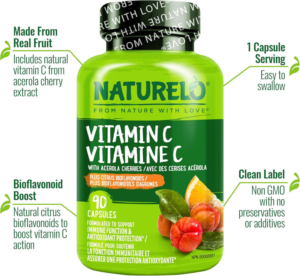 NATURELO Vitamin C with Organic Acerola Cherry Extract and Citrus Bioflavonoids - Vegan Supplement - Immune Support - 500 mg VIT C per Cap - Non-GMO - 90 Capsules