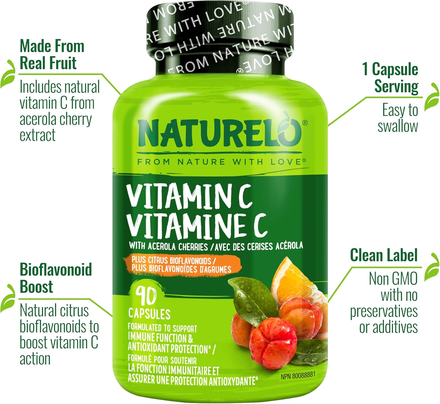 NATURELO Vitamin C with Organic Acerola Cherry Extract and Citrus Bioflavonoids - Vegan Supplement - Immune Support - 500 mg VIT C per Cap - Non-GMO - 90 Capsules