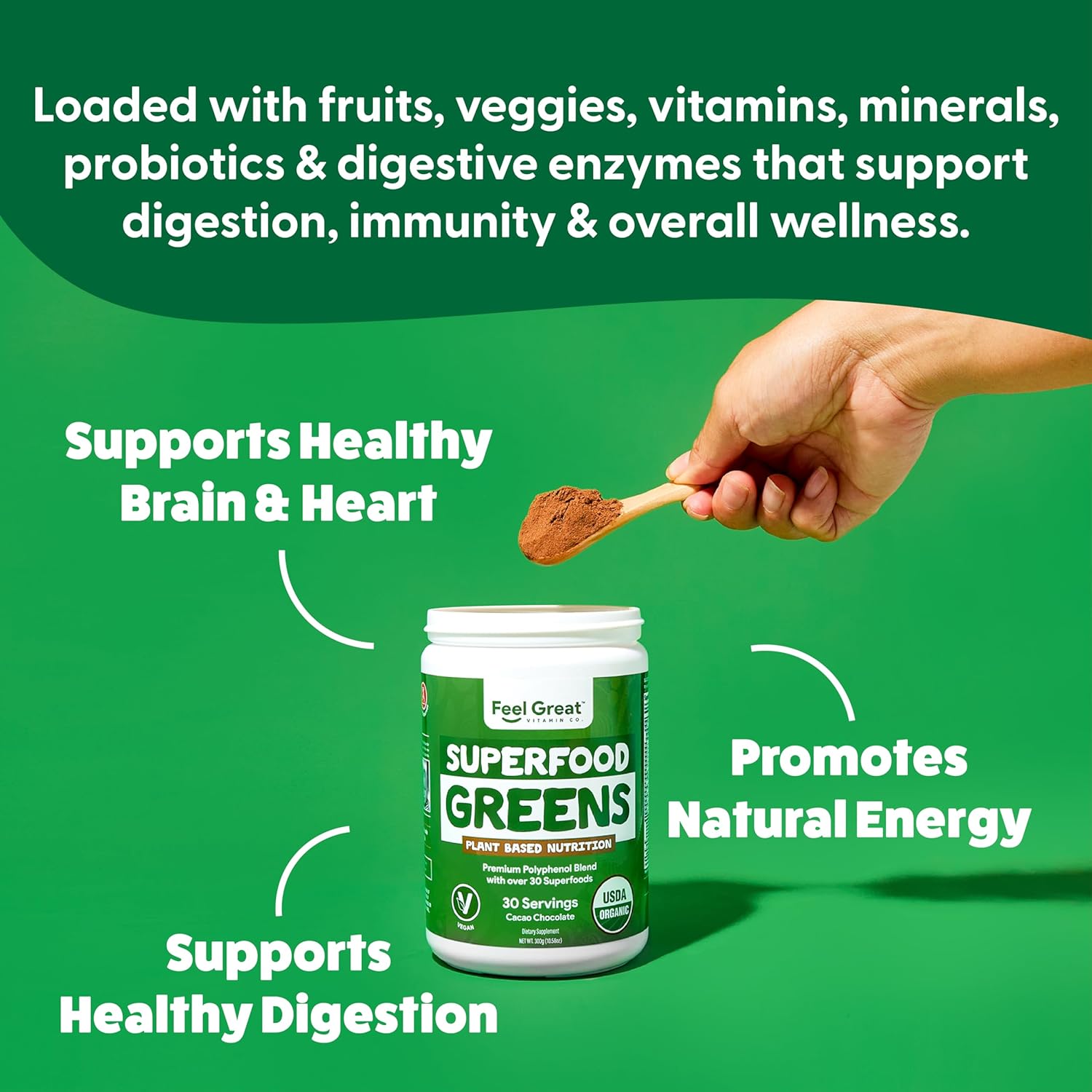 Feel Great Organic Superfood Greens Powder - Cocoa Chocolate | Fruit & Vegetable Supplement | Over 20 Greens, Fruits & Veggies, Fiber, Probiotics & Digestive Enzymes | 30 Servings