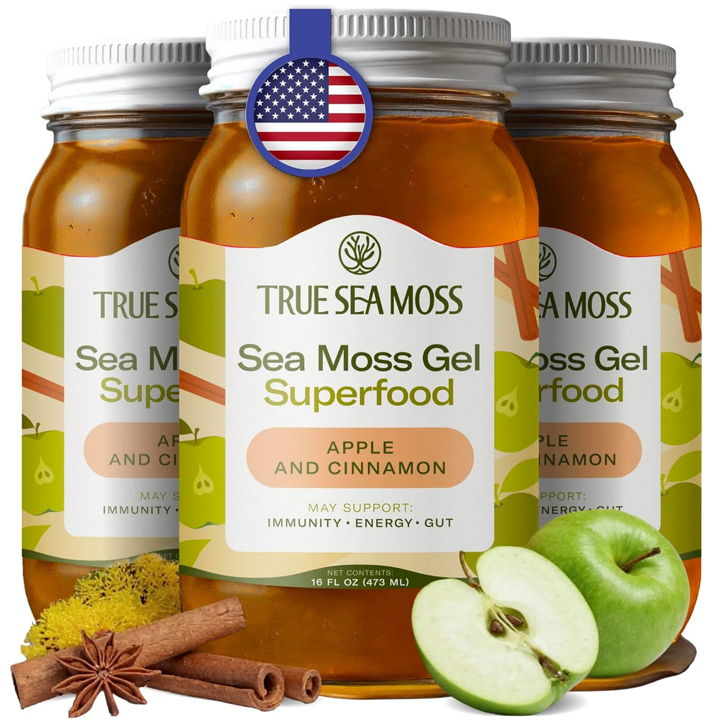 TrueSeaMoss Sea Moss Gel – Made in USA – Wildcrafted Seamoss, Fresh Fruits & Sea Vegetables – Apple/Cinnamon, Pack of 3 (Labels may Vary)