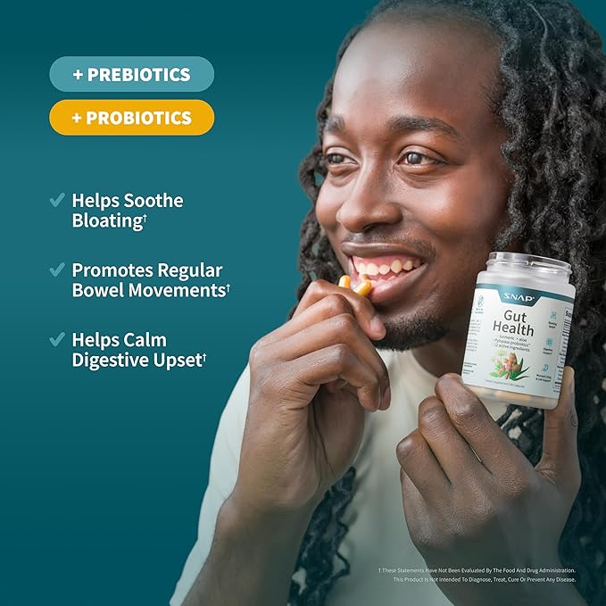 Snap Supplements Gut Health Supplement with Probiotics for Women & Men, Digestive Enzymes & Prebiotics - Turmeric, Aloe, Pylopass & Zinc, 50 Vegetarian Capsules