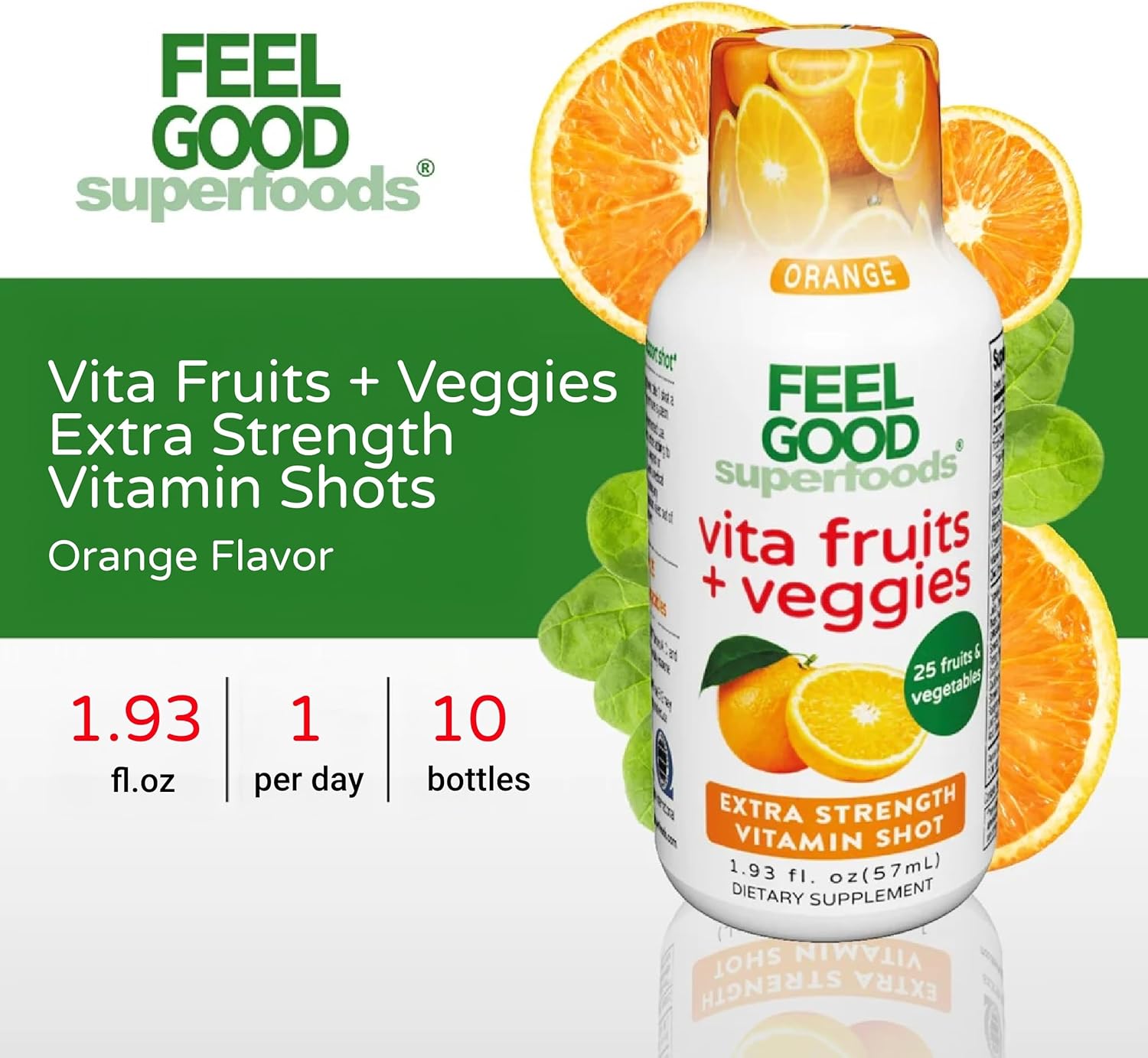 FeelGood Superfoods Vita Fruits and Veggies Immune Support Shot Supplements, Orange Flavor, Pack of 10 Immunity Shots, Immune System Booster Drink Made with 25 Organic Fruit & Vegetables