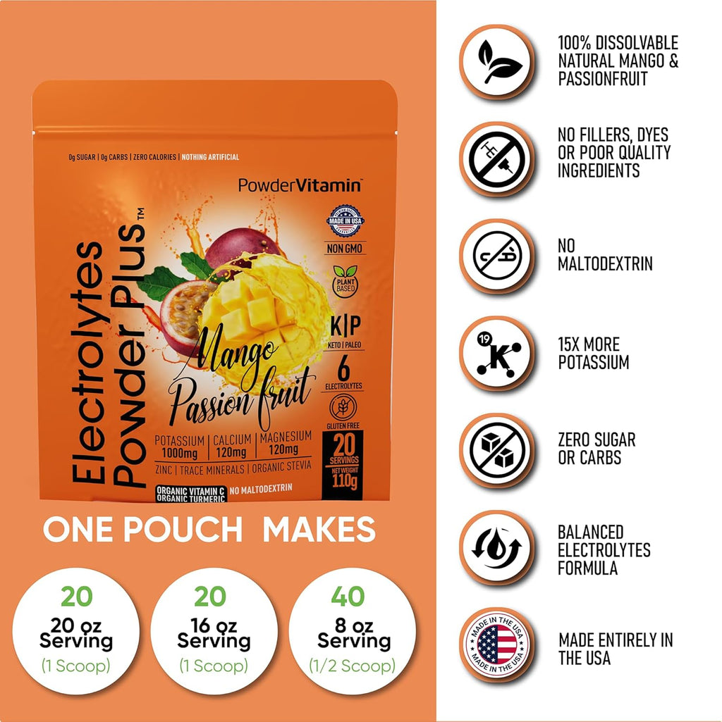 PowderVitamin Electrolytes Powder Plus (20 Servings) Mango Passionfruit Electrolyte Powder Zero Calorie Keto,0 Sugar,No Maltodextrin,1000mg Potassium,120mg Calcium,120mg Magnesium, Pink Himalayan Salt
