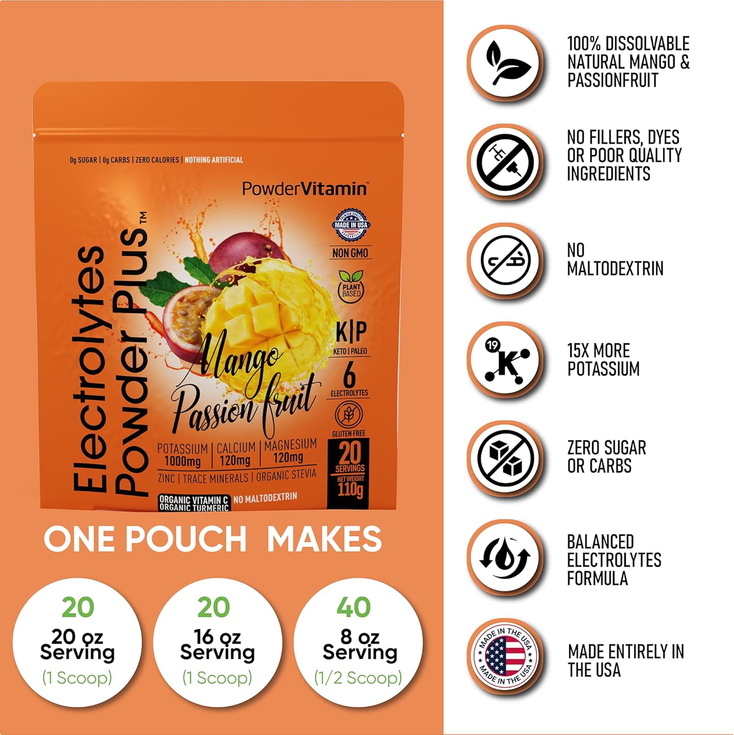 PowderVitamin Electrolytes Powder Plus (20 Servings) Mango Passionfruit Electrolyte Powder Zero Calorie Keto,0 Sugar,No Maltodextrin,1000mg Potassium,120mg Calcium,120mg Magnesium, Pink Himalayan Salt
