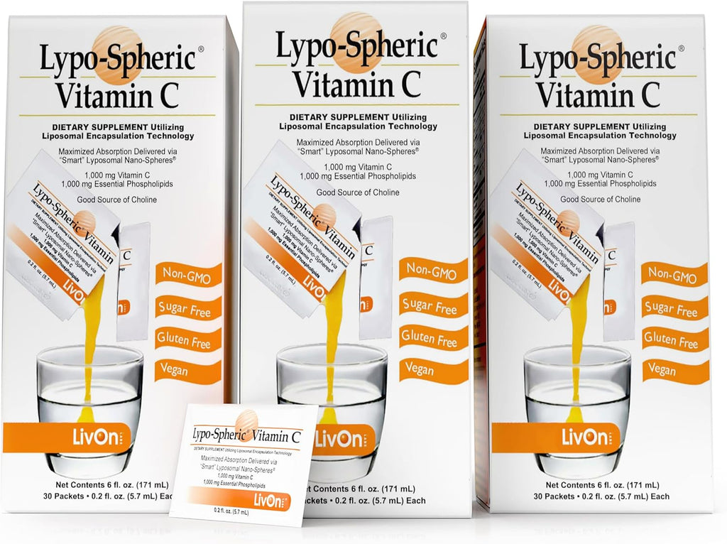 LivOn Laboratories Lypo–Spheric Vitamin C – 3 Cartons (90 Packets) – 1,000 mg Vitamin C & 1,000 mg Essential Phospholipids Per Packet – Liposome Encapsulated for Improved Absorption – 100% Non–GMO