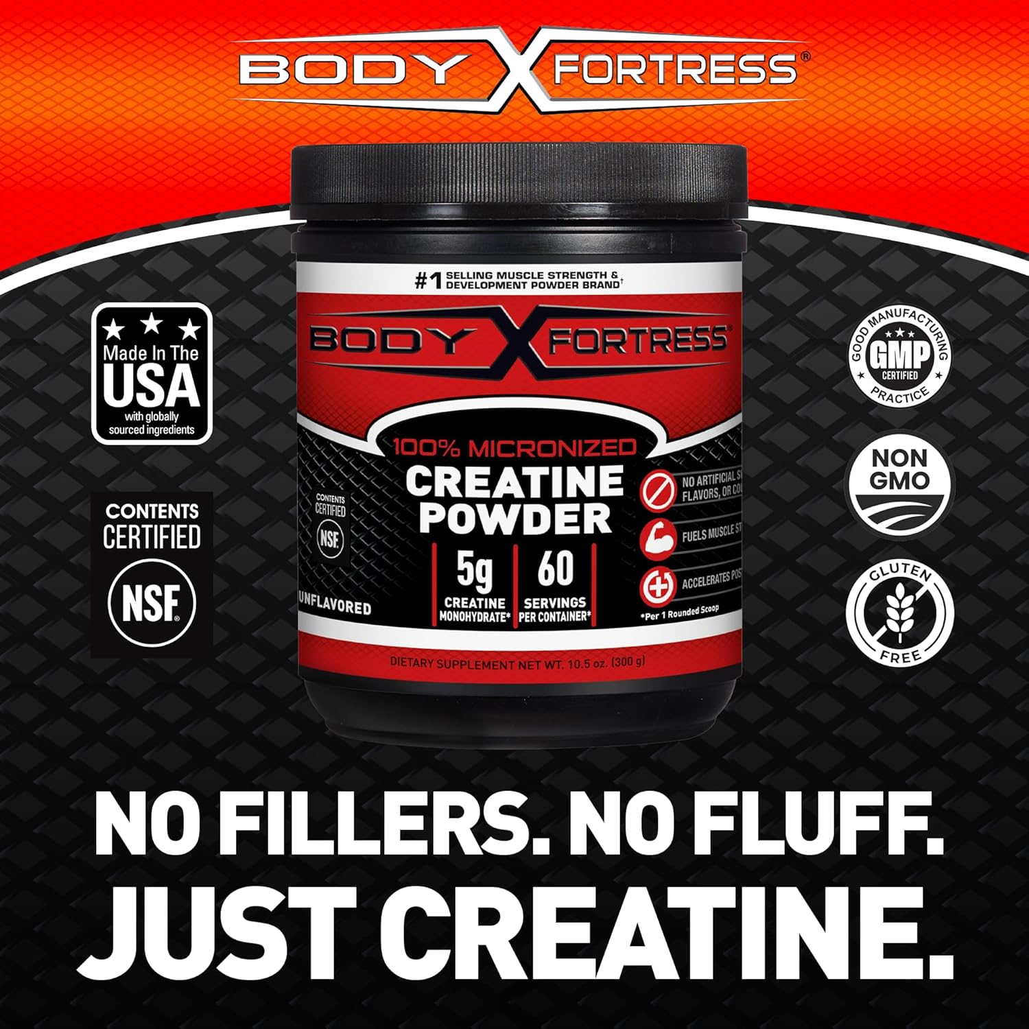 Body Fortress 100% Creatine Monohydrate Powder - Unflavored Micronized Creatine Supplement for Muscle Growth, Strength & Recovery, Pre Workout & Post Workout for Women and Men - 5g Per Scoop