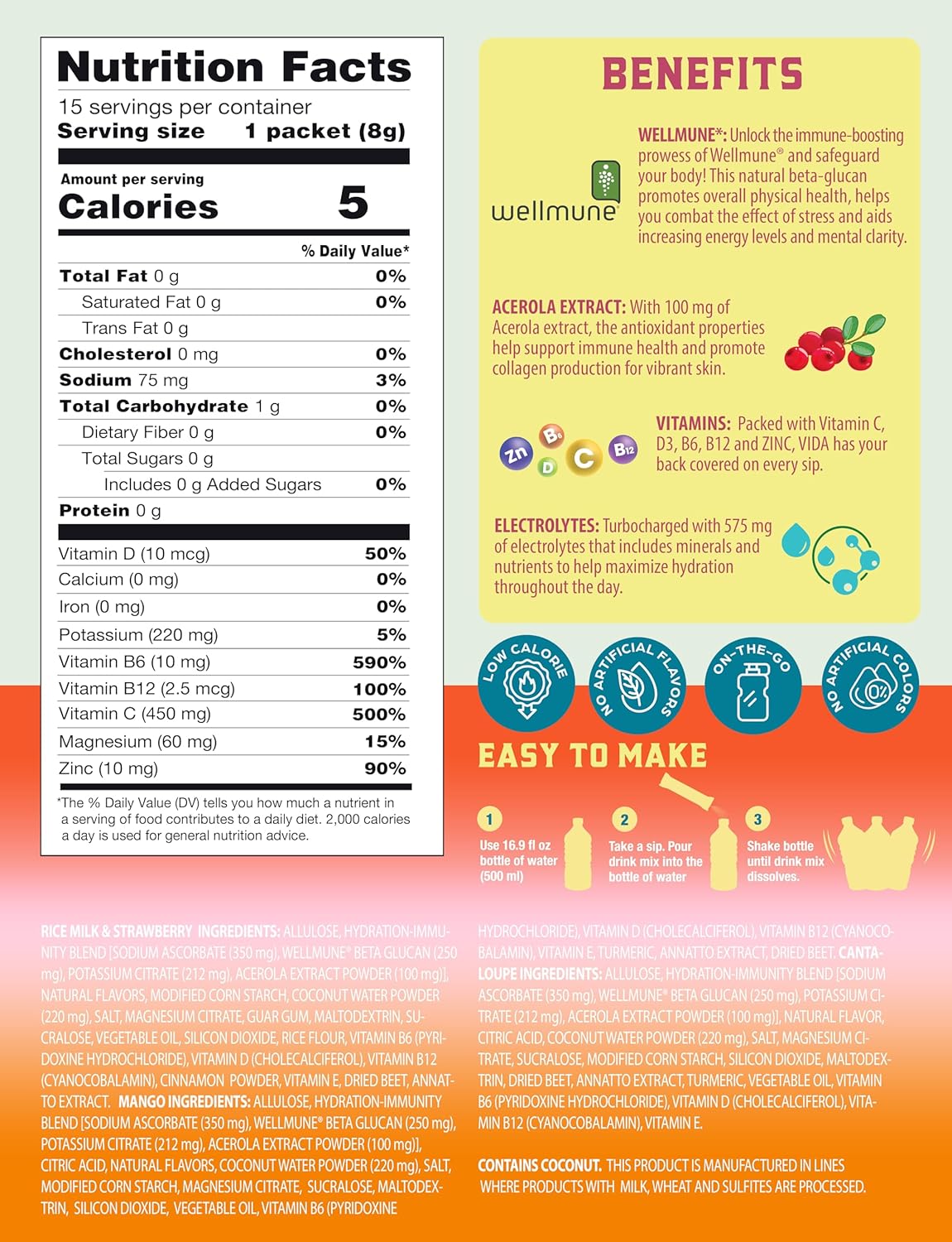 Hydration + Immunity Electrolyte Drink Mix – Variety Pack with Mango, Strawberry Horchata & Cantaloupe | Sugar-Free Hydration Packets with Wellmune®, Acerola, Coconut Water & Minerals