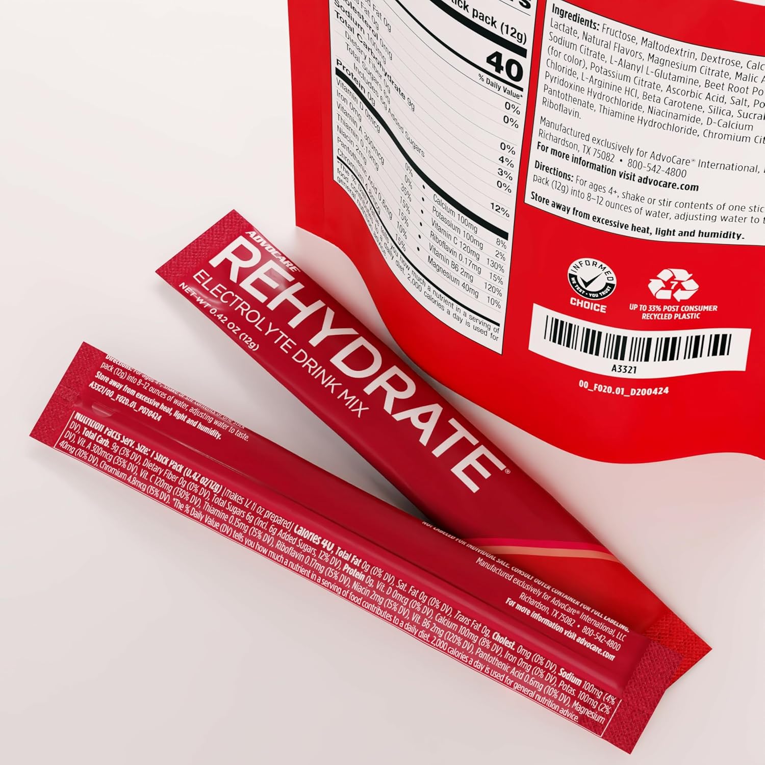AdvoCare Rehydrate - Electrolyte Drink Mix - Includes Magnesium, Sodium, Potassium & Calcium - Antioxidant & Amino Acid Fortified - Hydration & Recovery - Red Raspberry, 15 Stick Packs (6.3 oz)