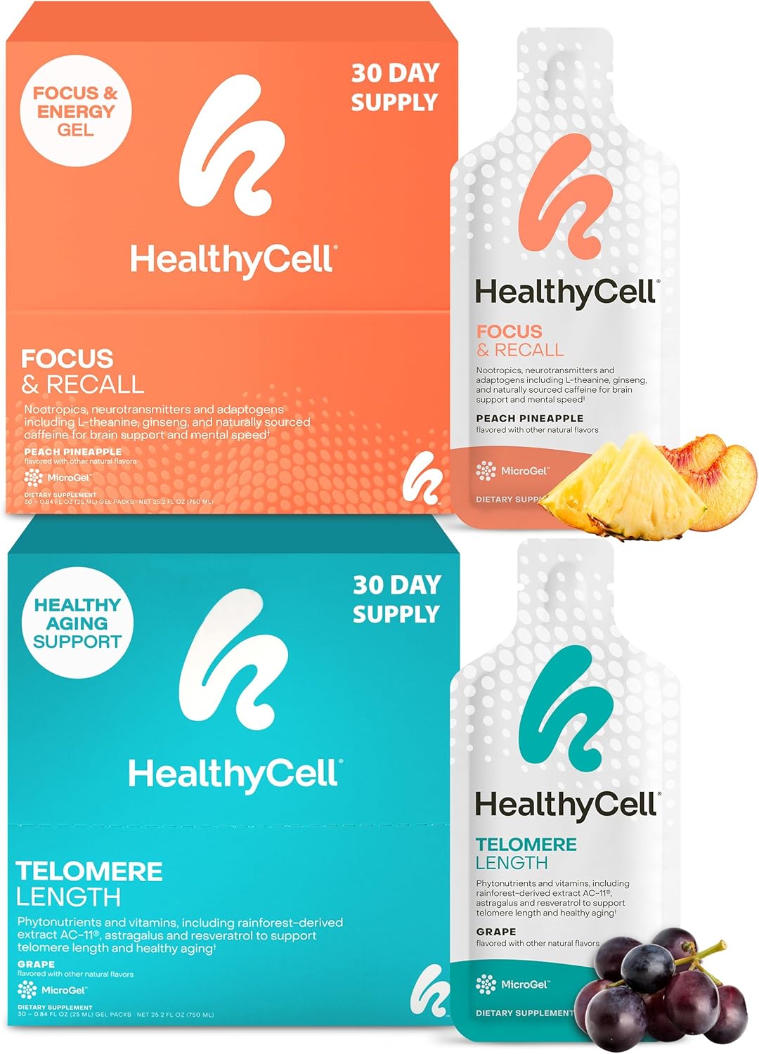 Healthycell Telomere Length Healthy Aging Supplement + Focus & Recall Brain Supplement for Memory & Focus Bundle