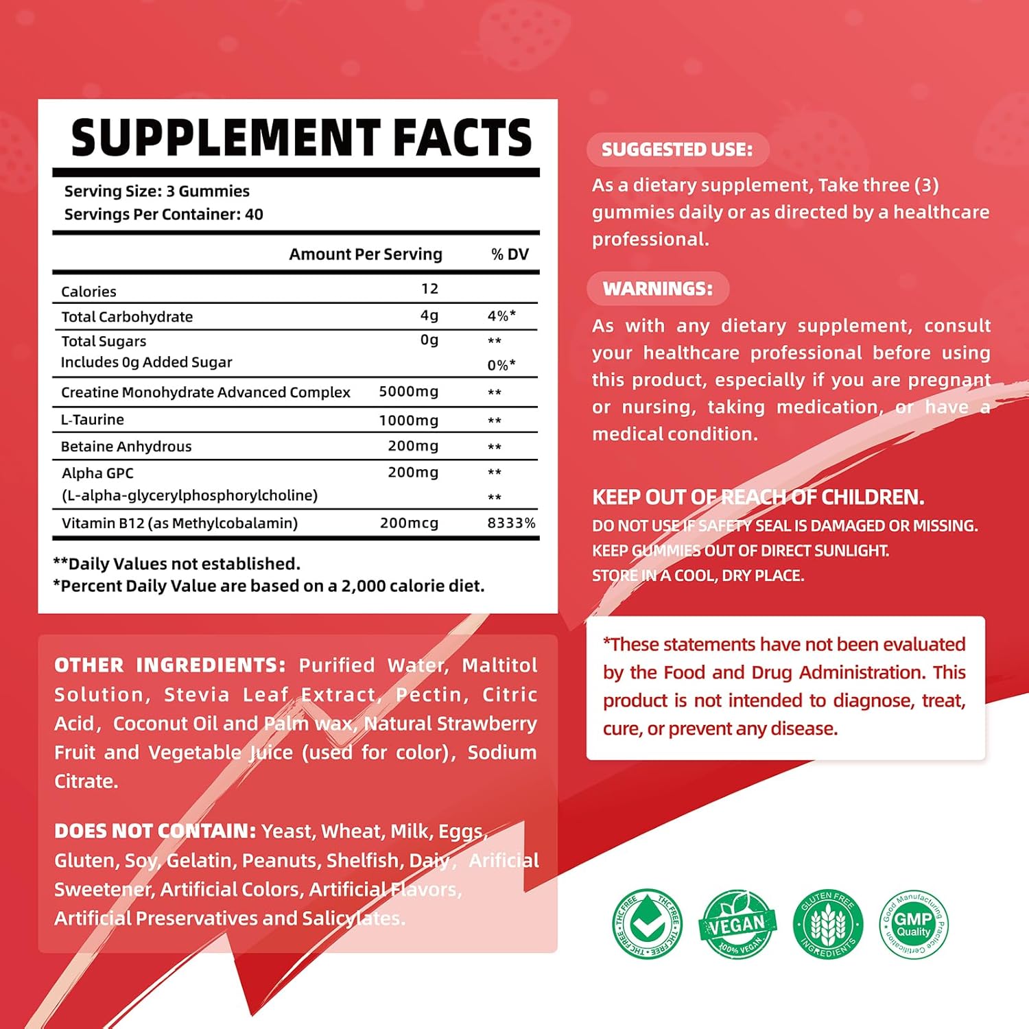 Creatine Monohydrate Gummies Complex for Men & Women - 120 Gummies Advanced Formula, L-Taurine + Vitamin B12 for Muscle Strength, Muscle Builder, Energy Boost, Pre-Workout Supplement-Strawberry