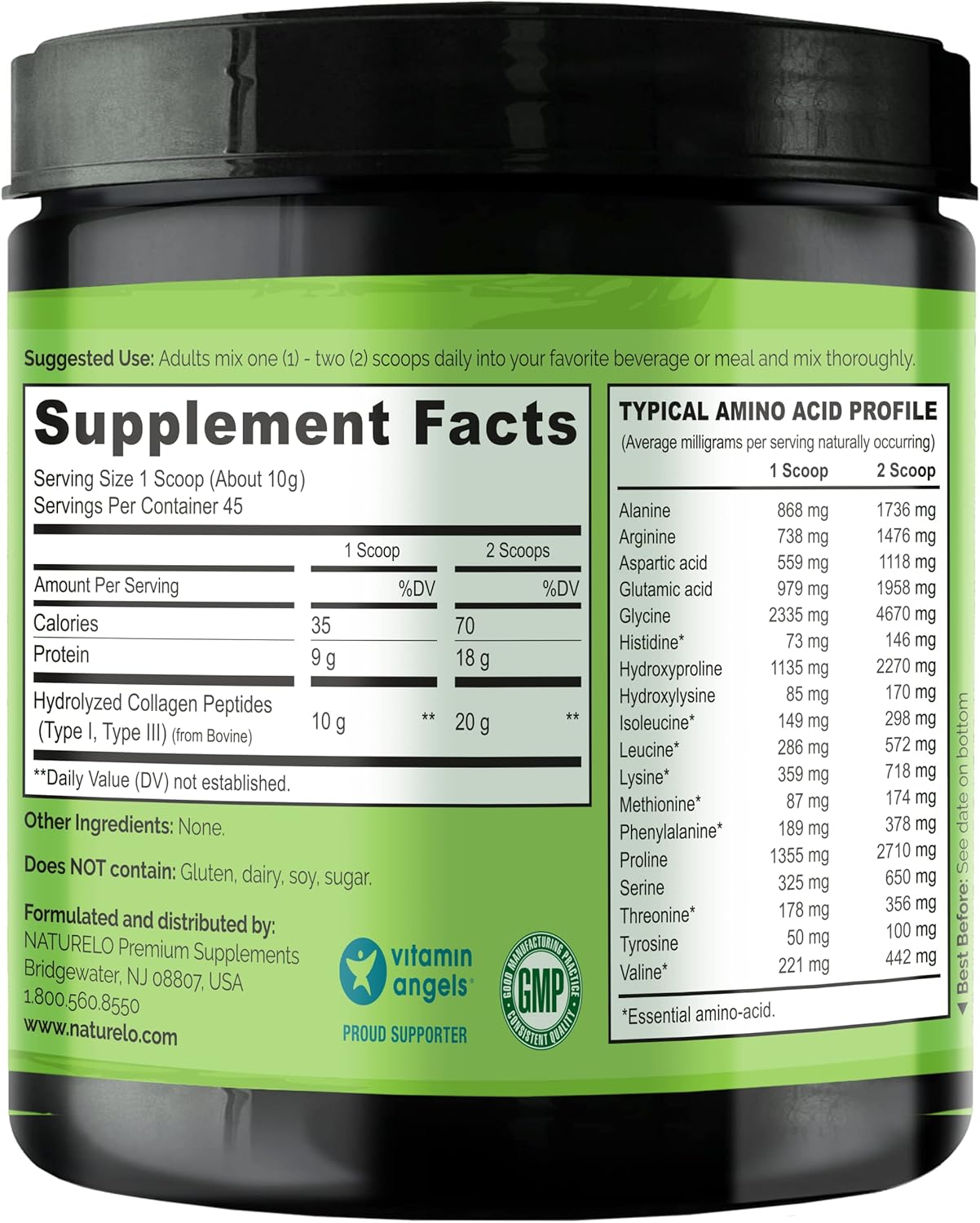 NATURELO Collagen Peptide Powder, Hydrolyzed Collagen Type I & III, Skin Hair & Joint Health - Unflavored, 16 Ounces (Pack of 2) | 90 Servings