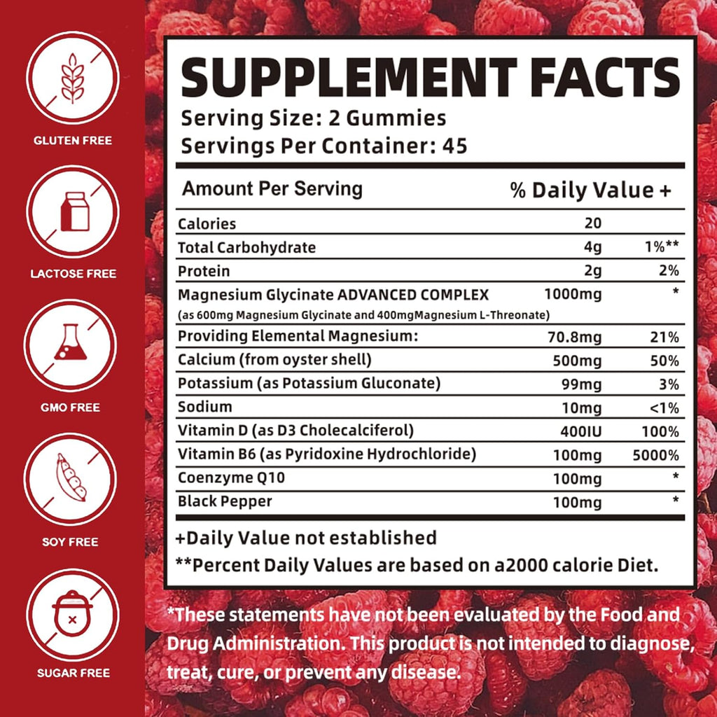 Magnesium Glycinate Gummies 1000mg with Magnesium L-Threonate,Chelated Magnesium Potassium Complex Supplement with VitD, B6, CoQ10, Calcium,Supports for Memory, Calm, Mood - 180 Gummies Raspberry