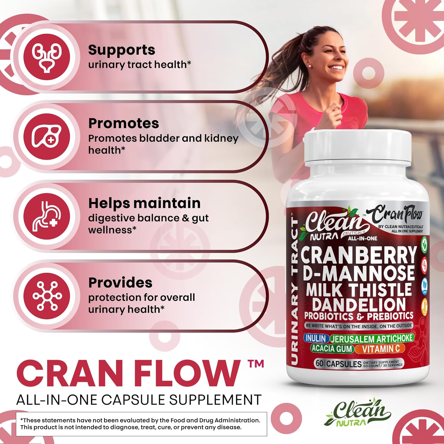 Cran Flow Cranberry Pills for Urinary Health D-Mannose Milk Thistle Dandelion Inulin Vitamin C Prebiotics and Probiotics Bladder Support by Clean Nutra