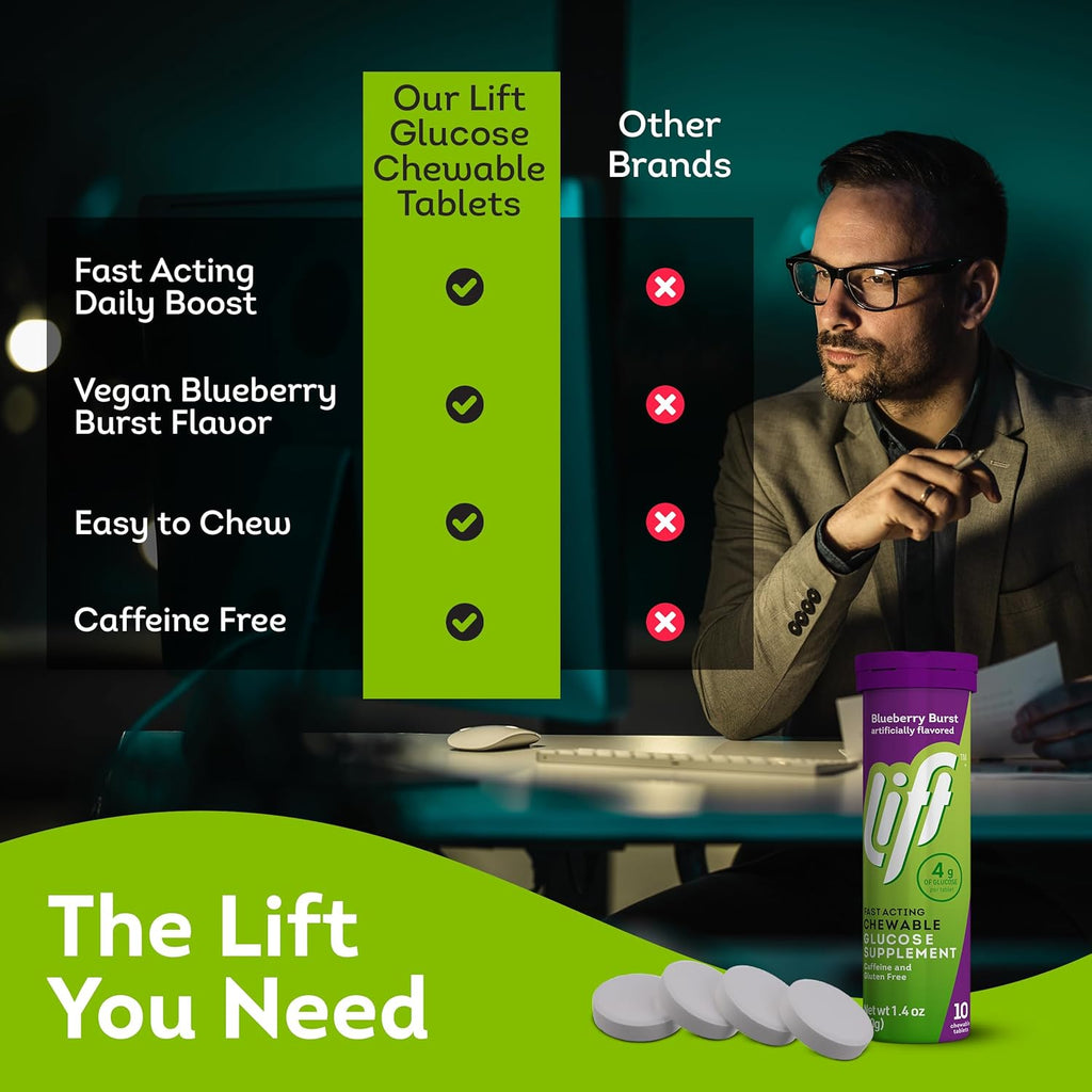 Lift Glucose Fast-Acting Glucose Chewable Energy Tablets, Blueberry, 10 ct Tube (Pack of 12)