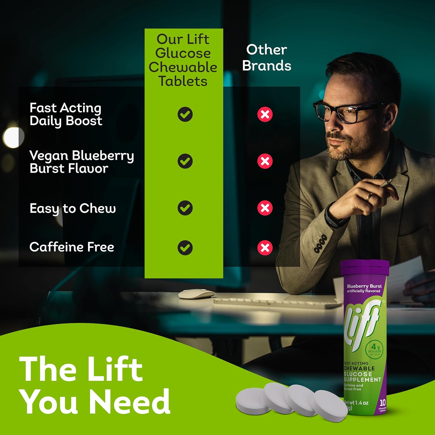 Lift Glucose Fast-Acting Glucose Chewable Energy Tablets, Blueberry, 10 ct Tube (Pack of 12)