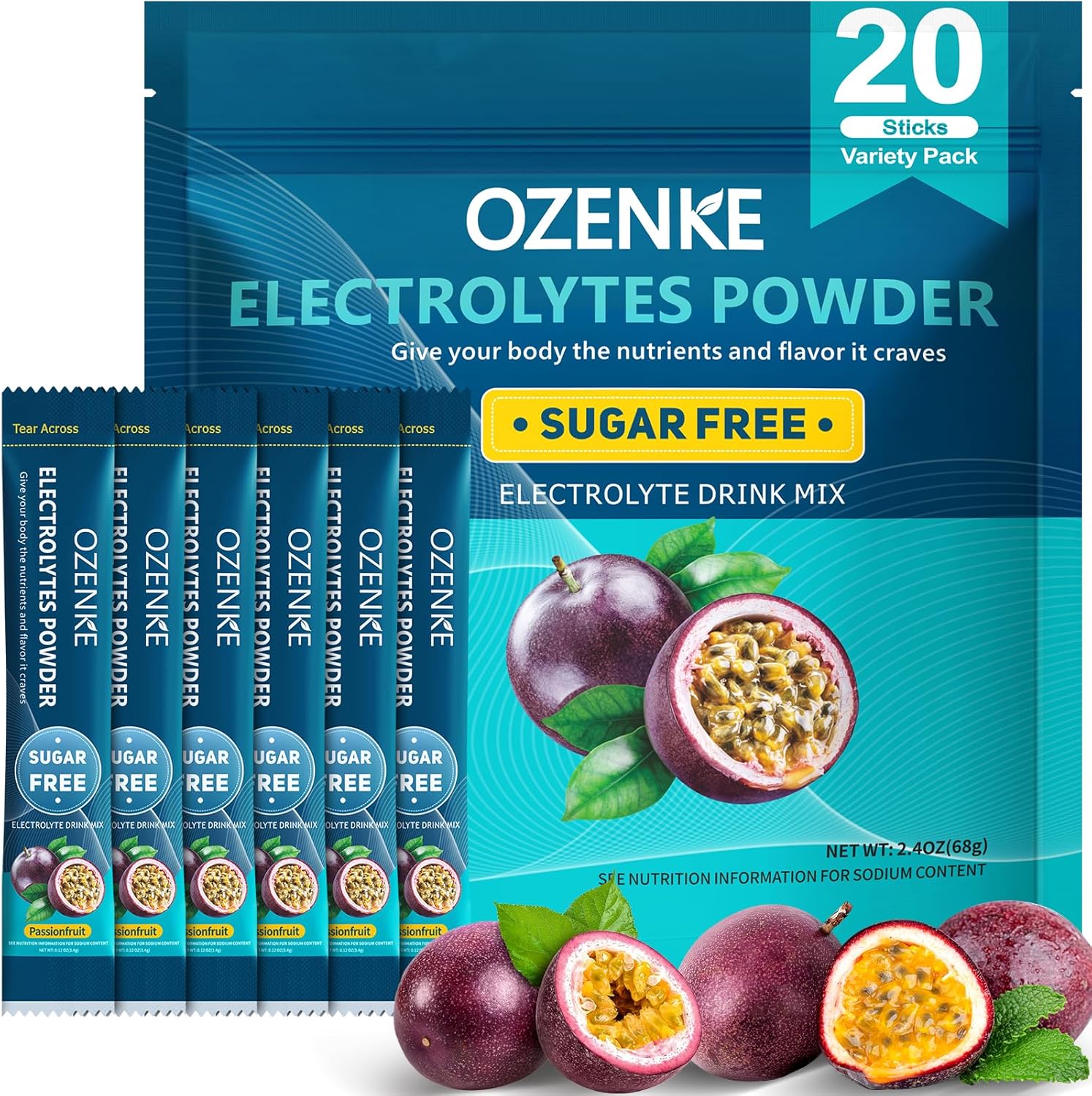 Electrolytes Powder Packets, Hydration Packets, Electrolytes Sugar Free, Portable Electrolyte Drink Mix for Rapid Hydration, No Sugar & Low Sodium | 0 Calorie | Passion Fruit Flavor | 20 Sticks