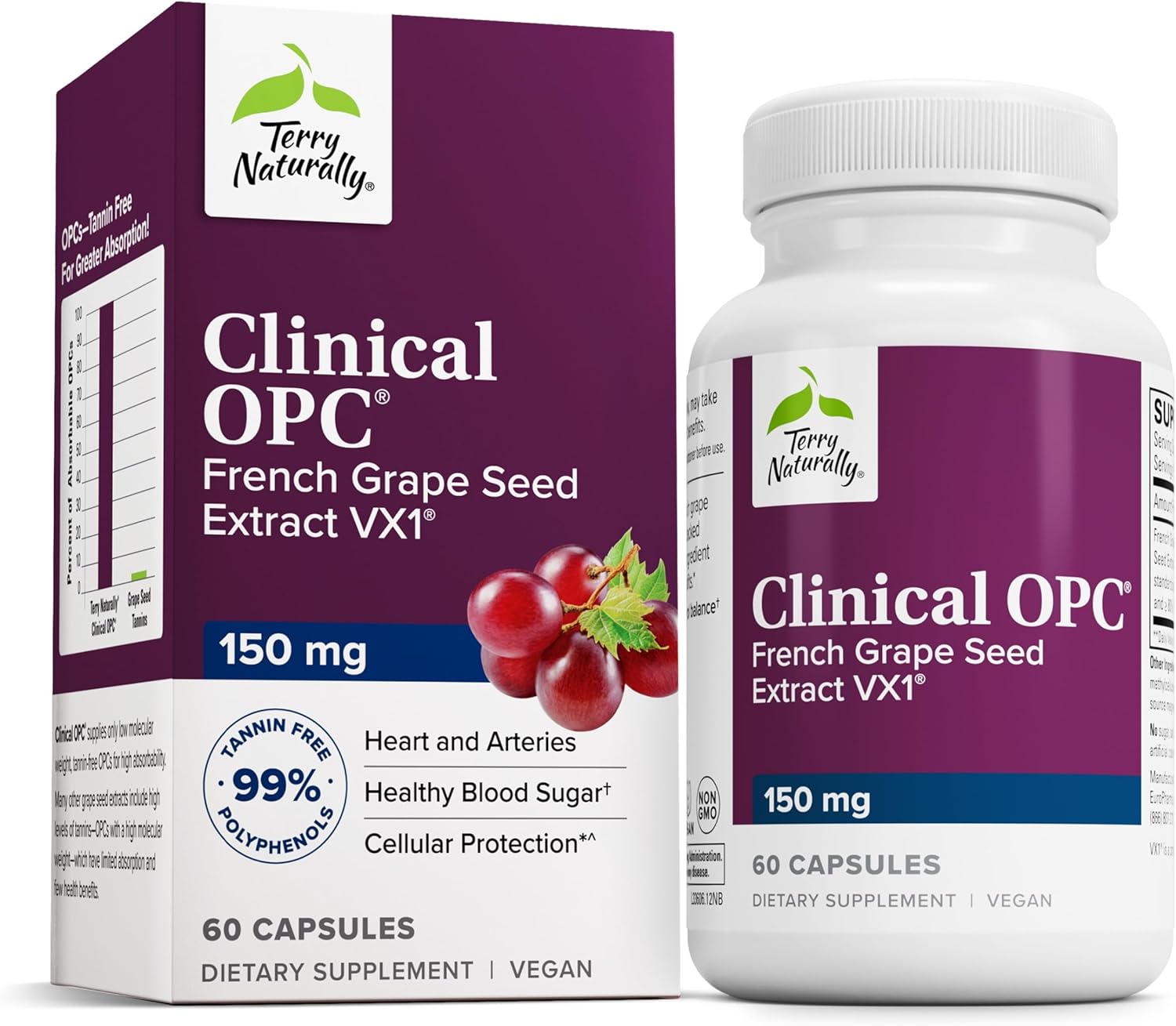 Terry Naturally Clinical OPC - Cardiovascular Health & Focus Support Supplement - Dietary Supplement with Grape Seed Extract & Sunflower Lecithin - Immune Support Supplement - 150 mg - 60 Capsules