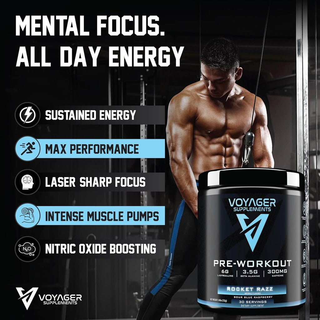 Voyager Pre-Workout Rocket Razz – Creatine-Free Powder w/L-Citrulline, Beta-Alanine, Caffeine – Supports Energy, Endurance & Focus – 30 Servings – No Artificial Fillers – GMP Certified