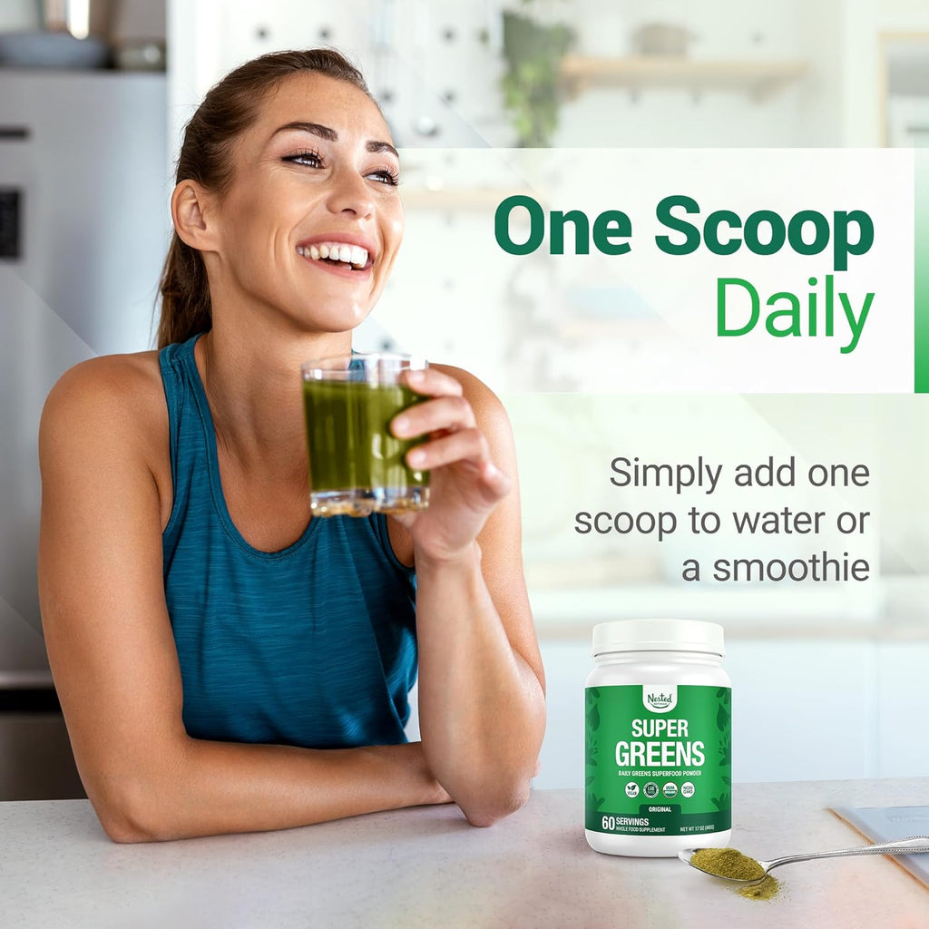 Nested Naturals Super Greens Daily Superfood Powder - Certified USDA Organic Green Powder w/20+ Whole Foods, Spirulina Powder, Wheat & Barley Grass - Probiotics, Fiber & Enzymes - Original Flavor, 60