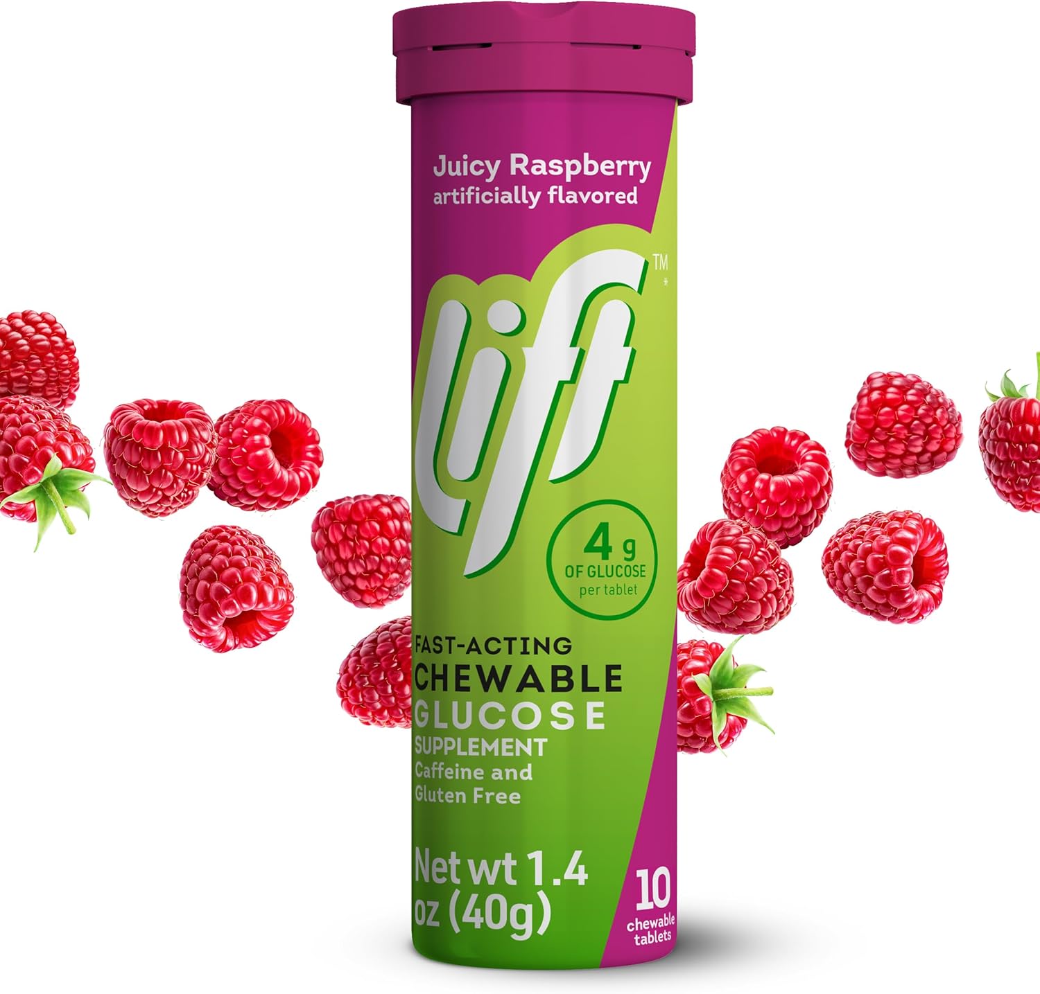 Lift Glucose Fast-Acting Glucose Chewable Energy Tablets, Raspberry, 10 ct Tube (Pack of 12)