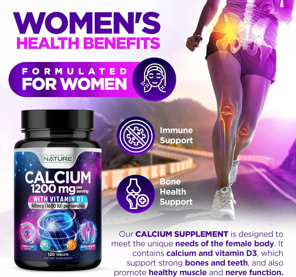 Calcium 1200mg with Vitamin D3 for Best Absorption - Advanced Bone Support Supplement, 1200 mg Calcium Carbonate & 1600 IU Vitamin D3, Slow Release for Immune Support, Easy to Swallow, 120 Tablets