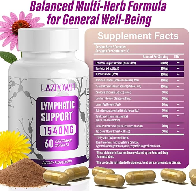 Lymphatic Drainage Supplements, Lymph System Support Supplement for Women & Men with Dandelion, Burdock, Echinacea,Rutin, Turmeric,Cleavers & More,180 Capsules