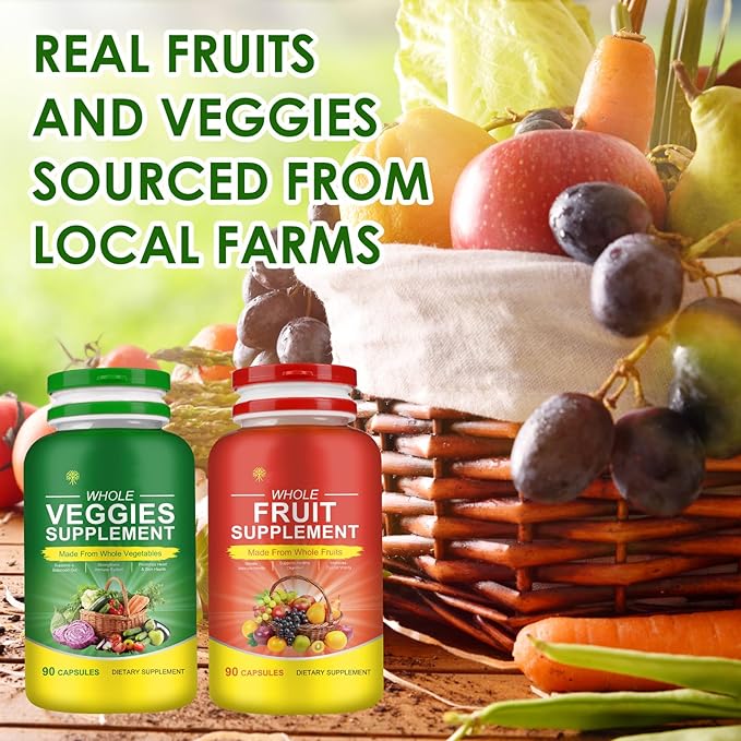 Fiber Fruit and Veggies Supplement, Natural Fruits and Vegetables Supplements Whole Superfood Vitamins & Minerals-90 Veggie and 90 Fruit Capsules for Enhance Immunity, Balanced Gut, Energy Levels