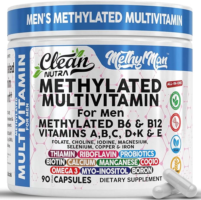 Methylated Multivitamin for Men with Vitamin B12 B6 Choline Magnesium Selenium CoQ10 Iodine Manganese Iron Boron Copper Thiamin Riboflavin Biotin Probiotics Omega 3 | Vegetarian Capsules Mens Vitamins