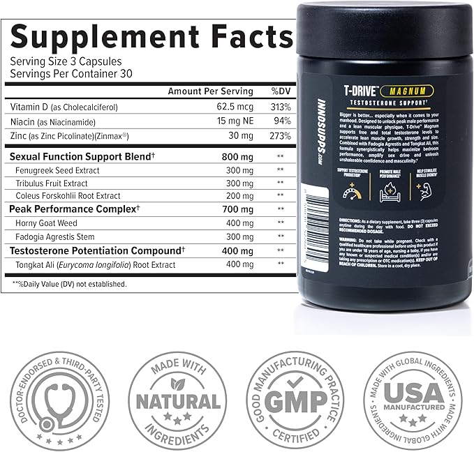 InnoSupps T-Drive Magnum | Testosterone Booster for Men, Amplify Muscle Growth - Tongkat Ali, Zinc, Fenugreek - Fat Burner & Testosterone Supplement for Men (90 Capsules)